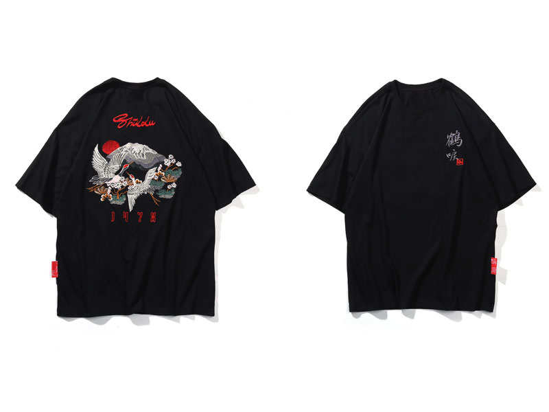 Men's Japanese Style Crane Embroidery T-Shirt