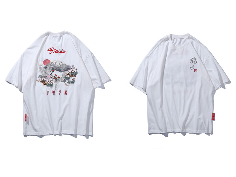 Men's Japanese Style Crane Embroidery T-Shirt