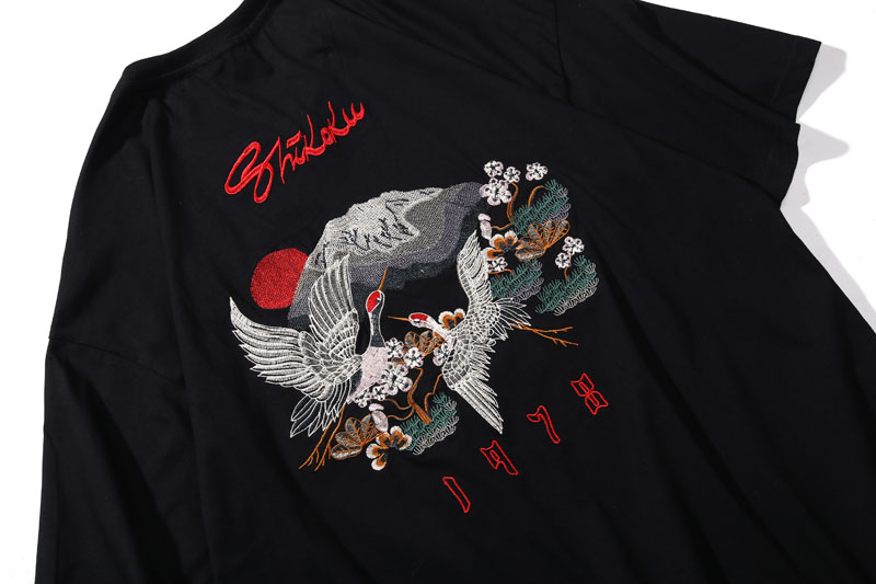 Men's Japanese Style Crane Embroidery T-Shirt