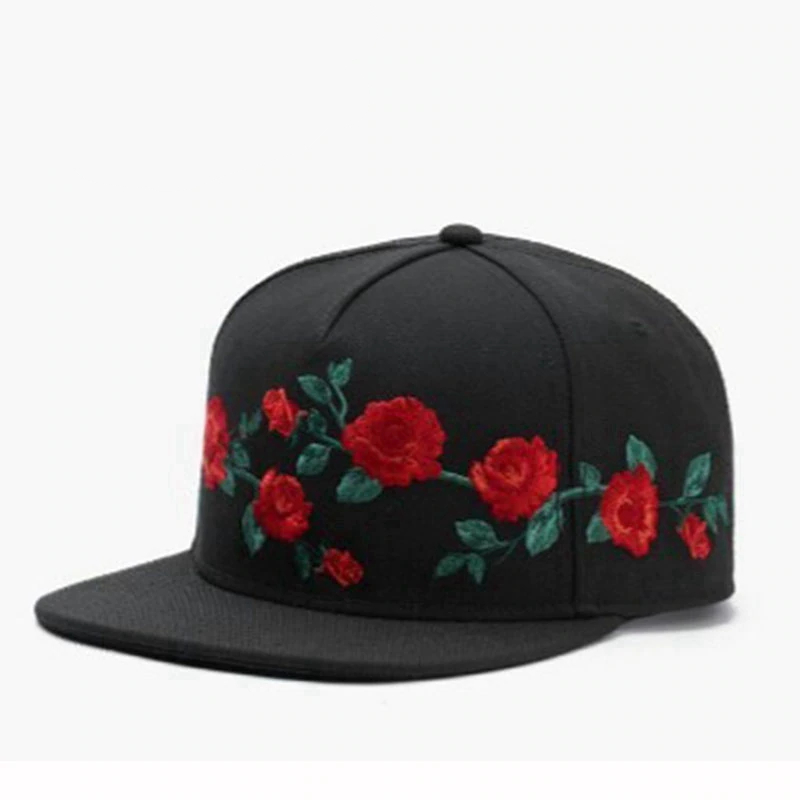 Black Snapback in Floral Embroidery