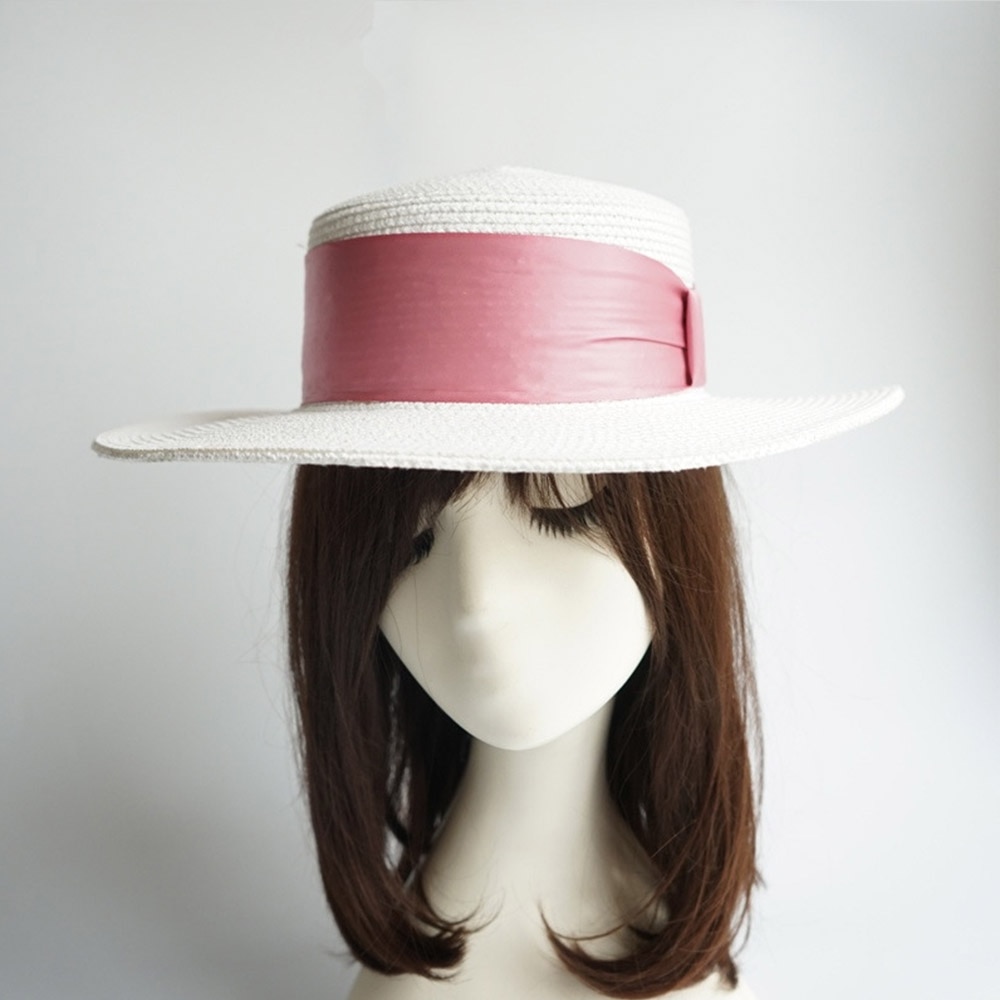Women's White Boater Hat with Colorful Ribbon