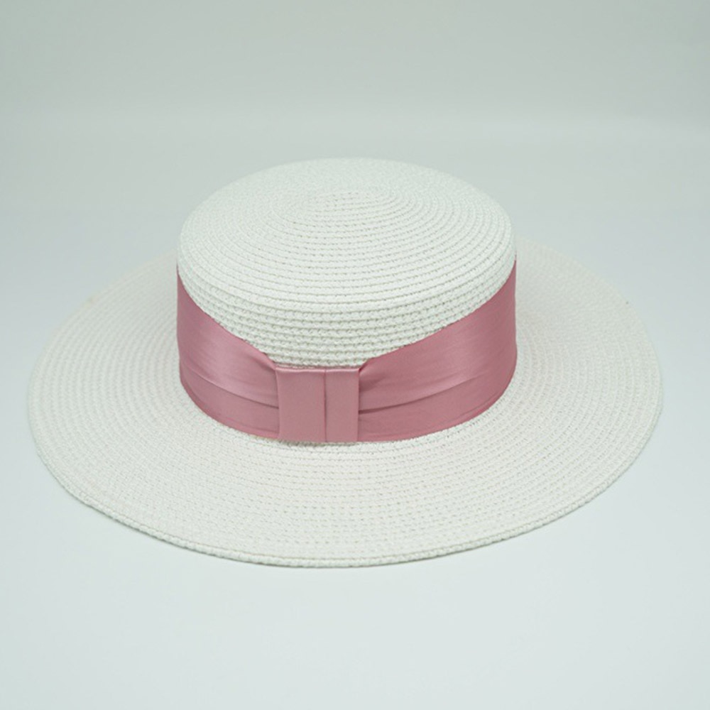 Women's White Boater Hat with Colorful Ribbon