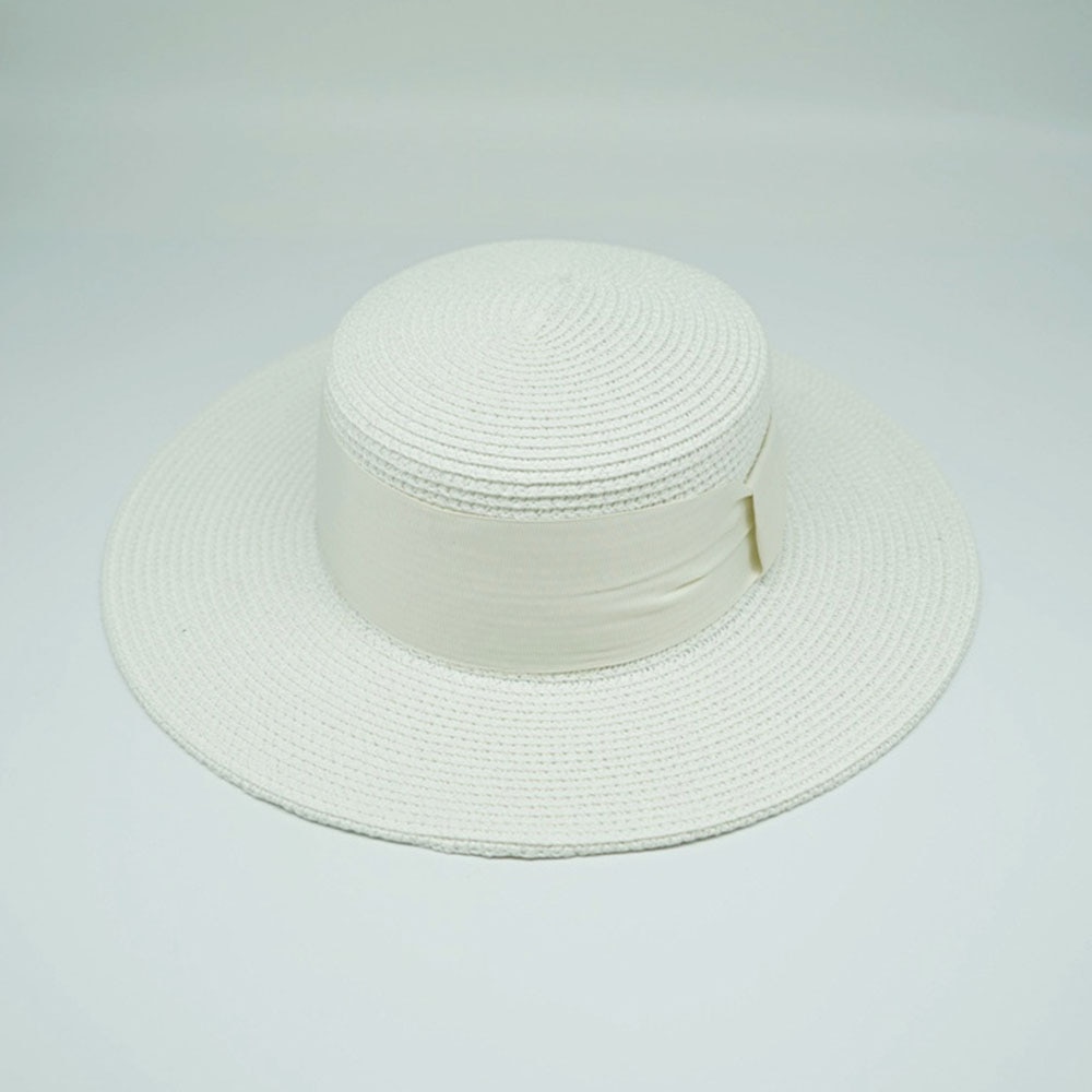 Women's White Boater Hat with Colorful Ribbon