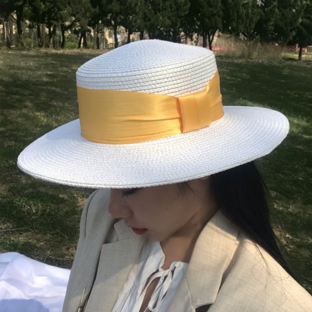 Women's White Boater Hat with Colorful Ribbon
