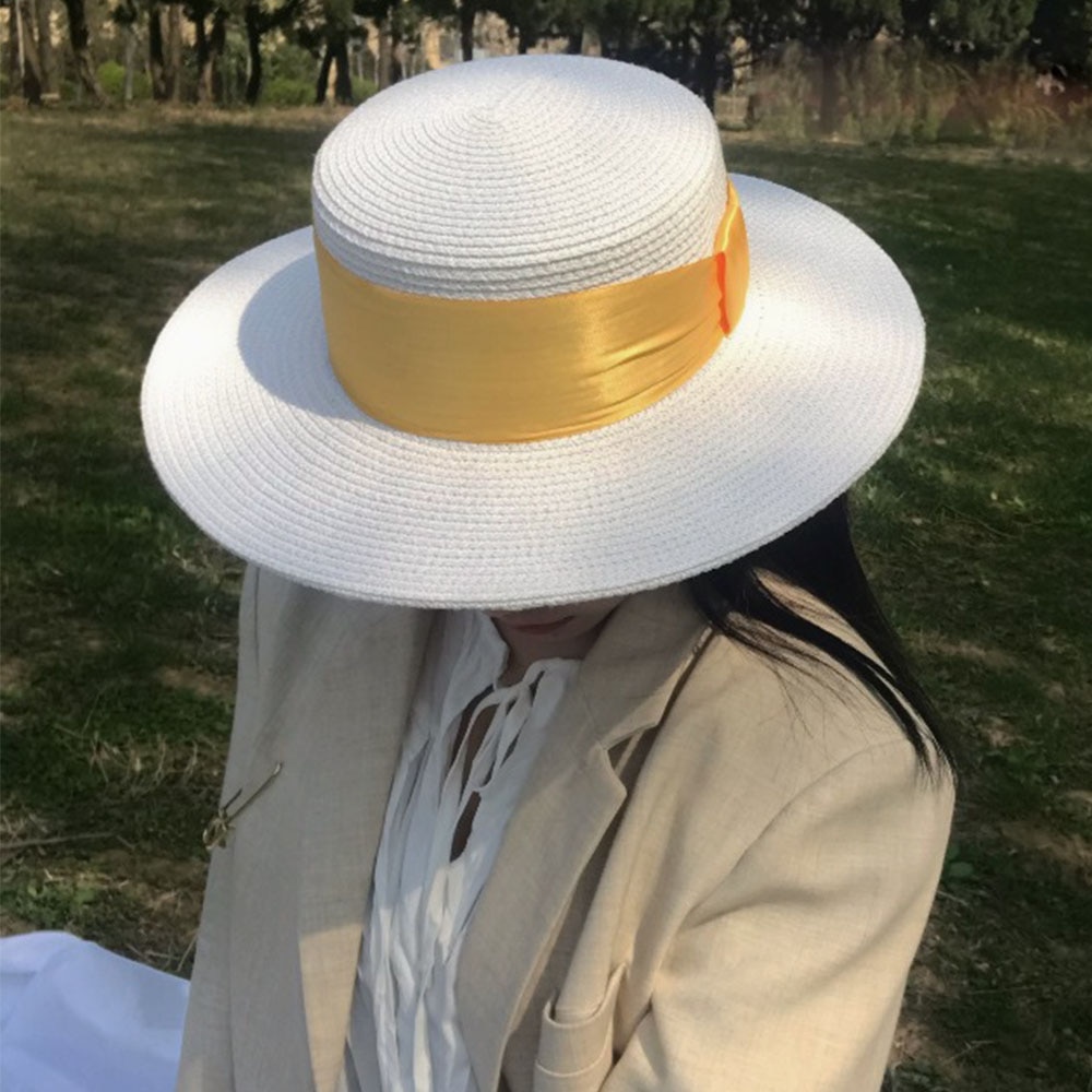 Women's White Boater Hat with Colorful Ribbon