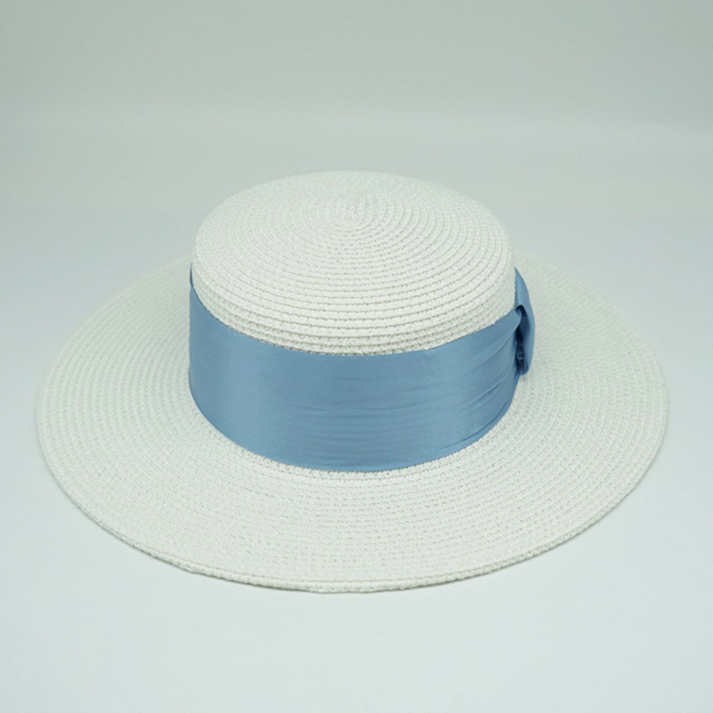 Women's White Boater Hat with Colorful Ribbon