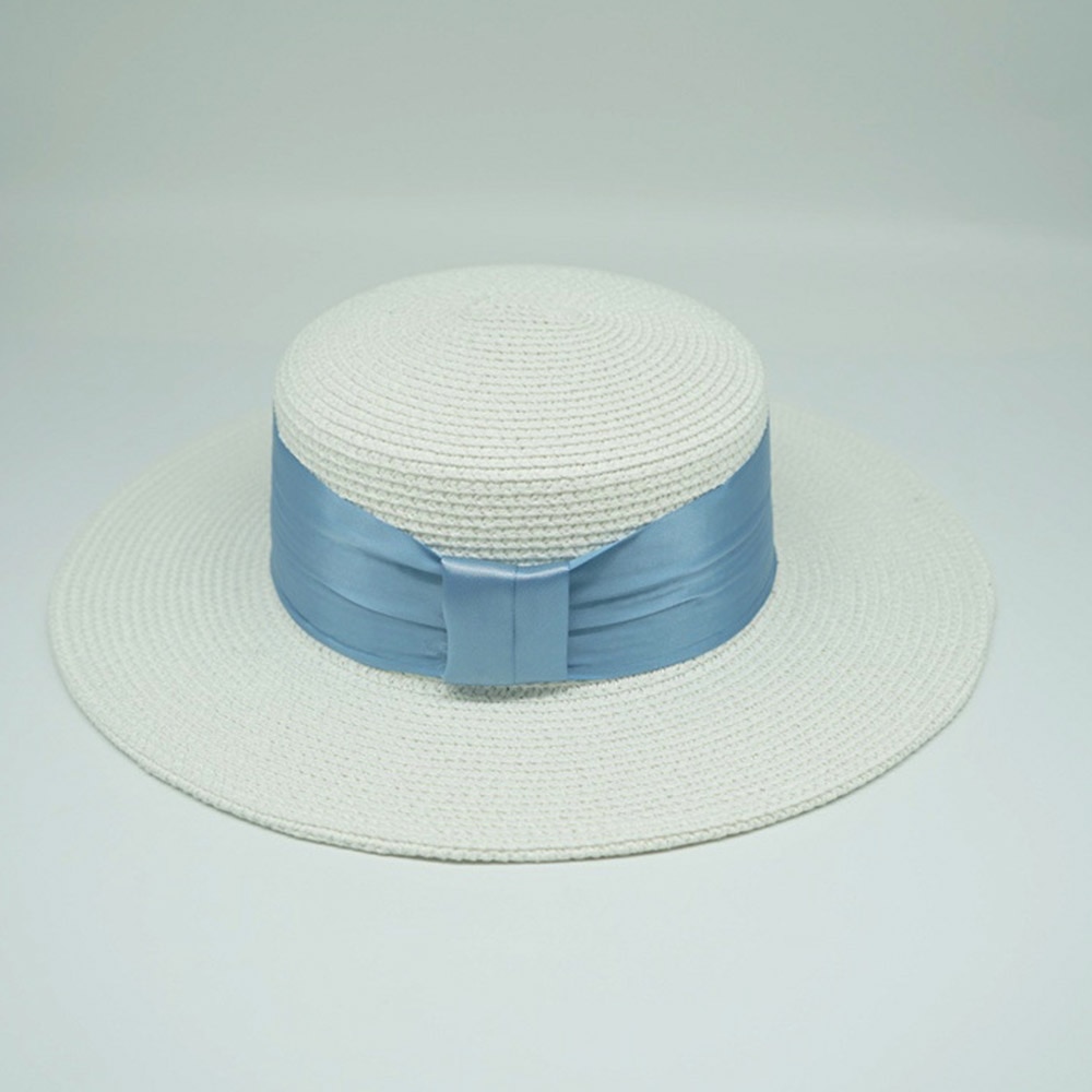 Women's White Boater Hat with Colorful Ribbon