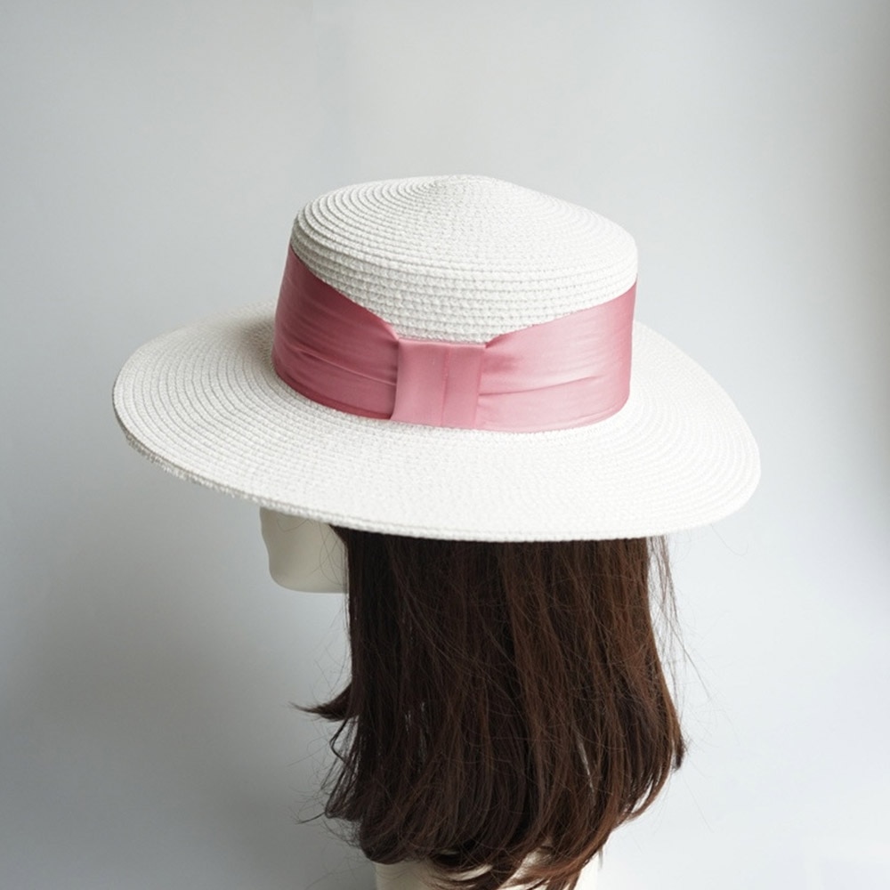 Women's White Boater Hat with Colorful Ribbon