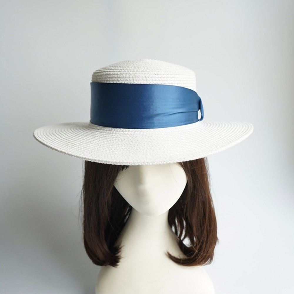 Women's White Boater Hat with Colorful Ribbon