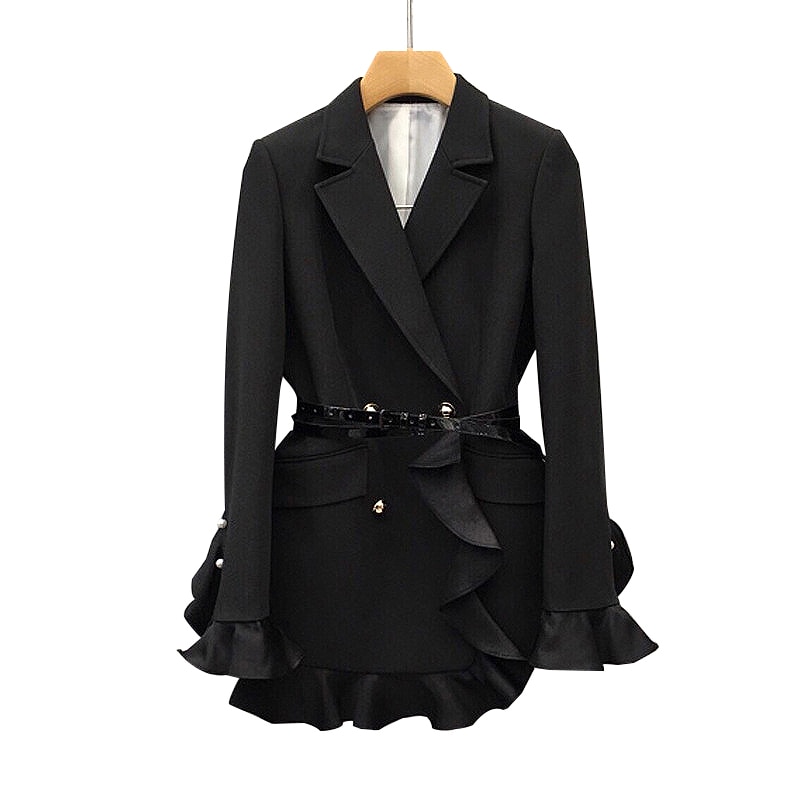 Black Patchwork Ruffle Women's Blazer