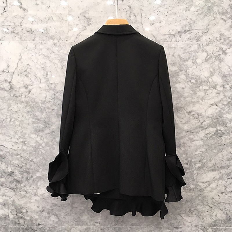 Black Patchwork Ruffle Women's Blazer