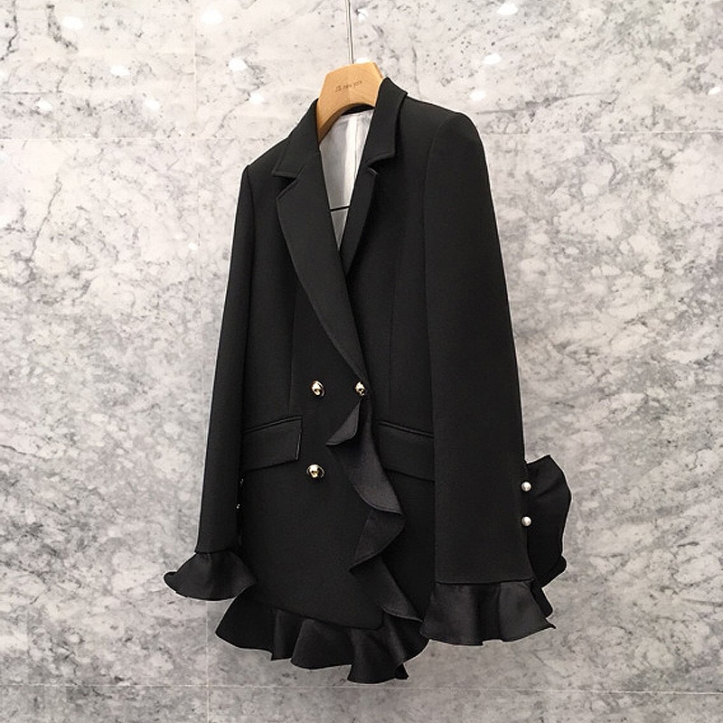 Black Patchwork Ruffle Women's Blazer