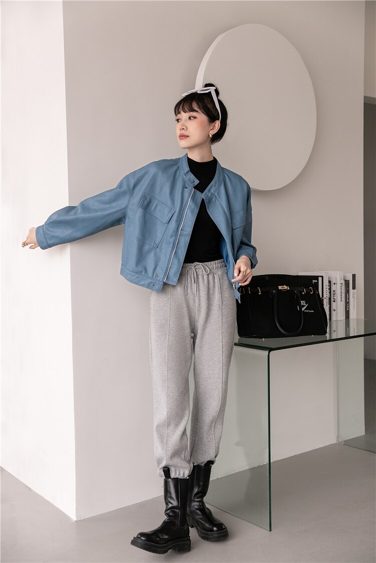 Blue Leather Bomber Jacket