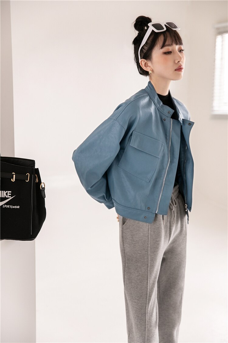 Blue Leather Bomber Jacket