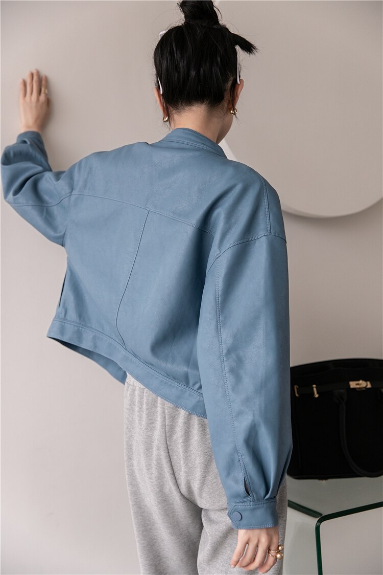 Blue Leather Bomber Jacket