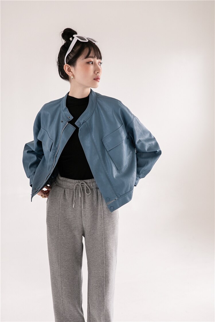 Blue Leather Bomber Jacket