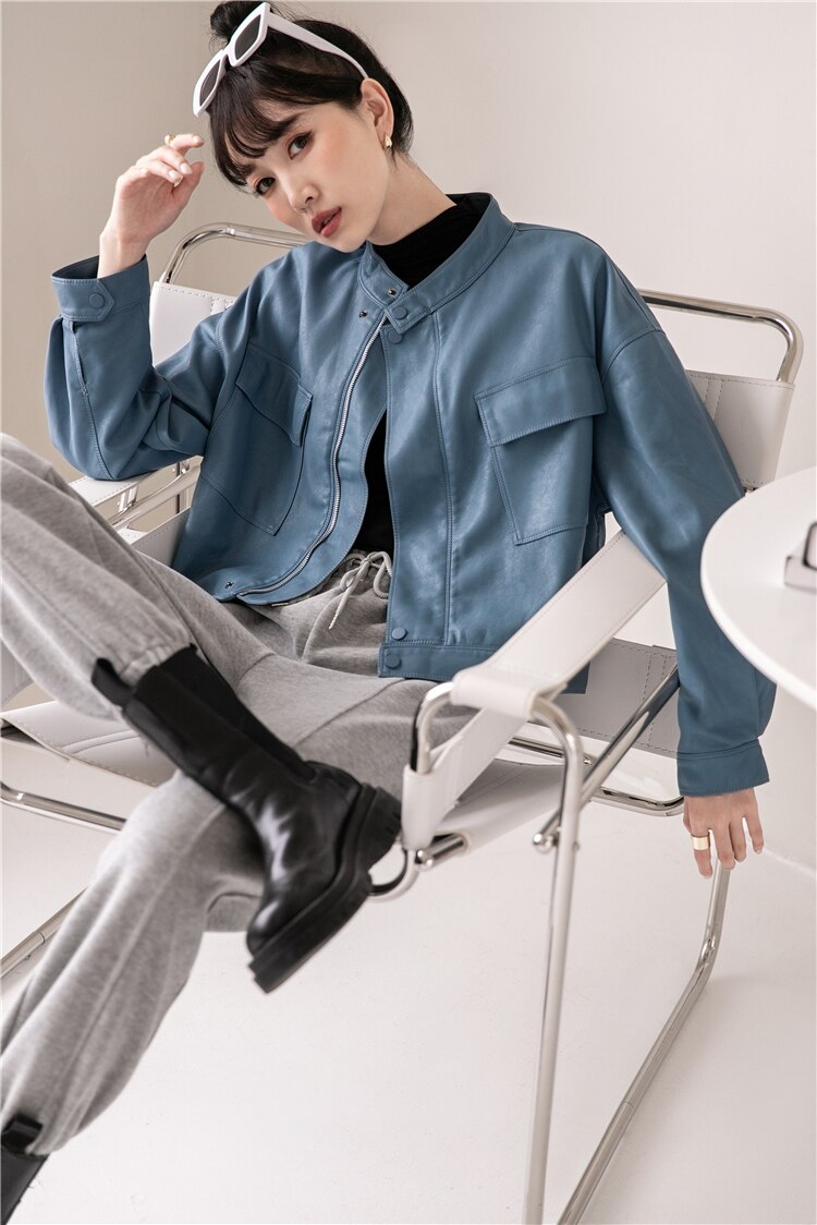 Blue Leather Bomber Jacket