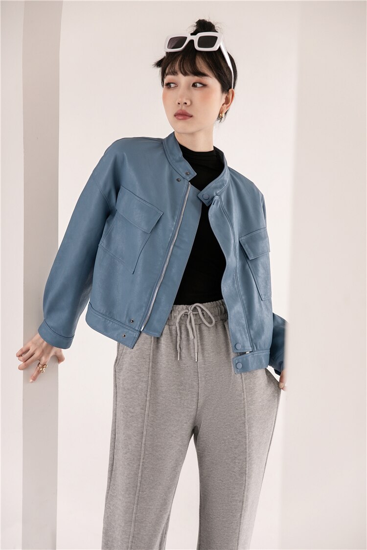 Blue Leather Bomber Jacket