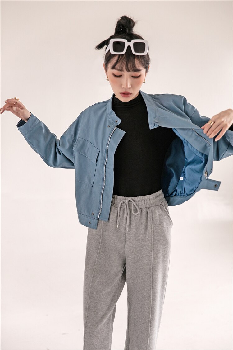 Blue Leather Bomber Jacket