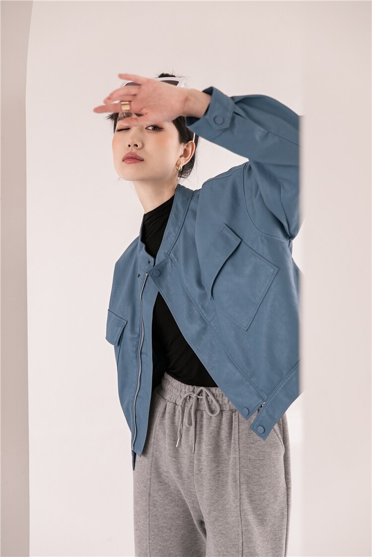 Blue Leather Bomber Jacket