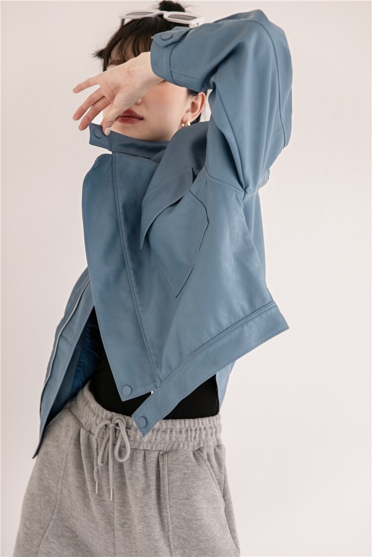 Blue Leather Bomber Jacket