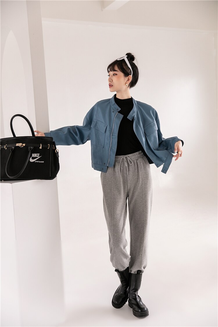 Blue Leather Bomber Jacket