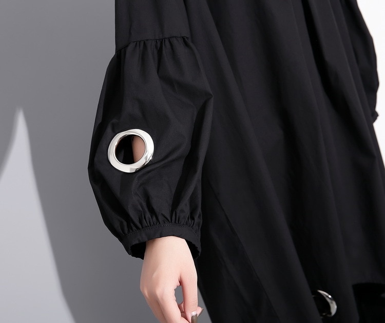 Women's Long Sleeved Black Dress with Metal Rings