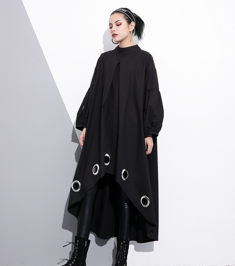 Women's Long Sleeved Black Dress with Metal Rings