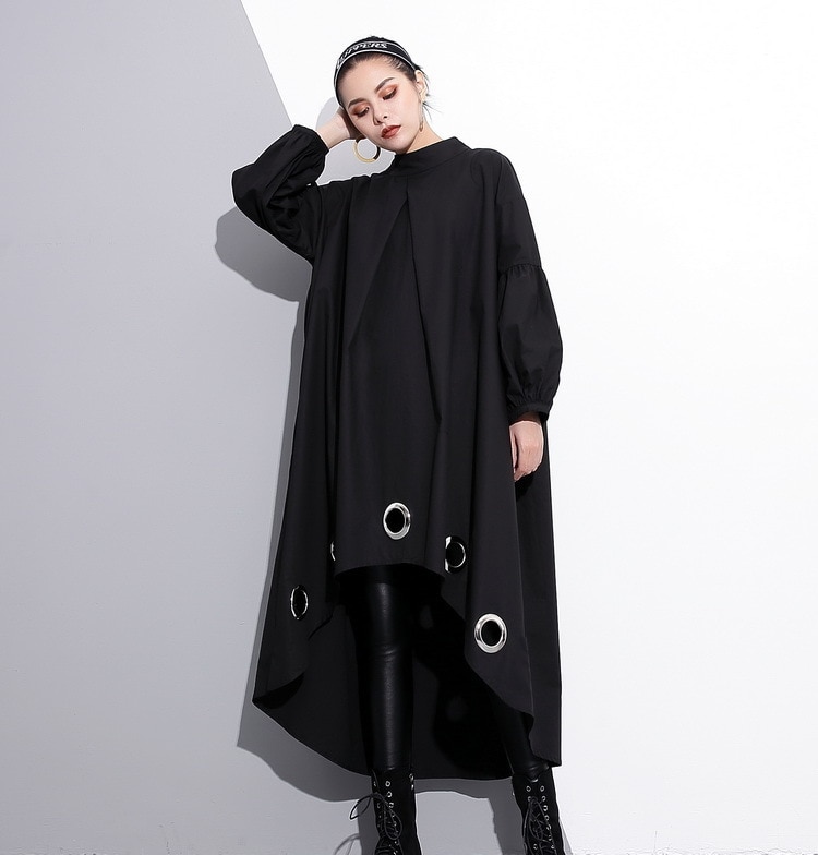 Women's Long Sleeved Black Dress with Metal Rings