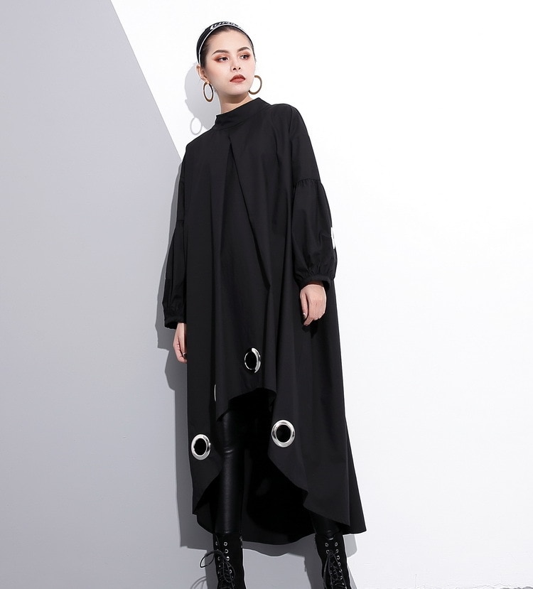 Women's Long Sleeved Black Dress with Metal Rings